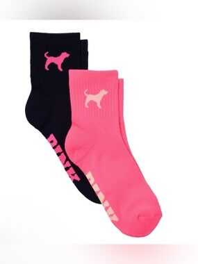 PINK Victoria's Secret Pink & Black “Pink Dog” 2-Pack Quarter Socks- New